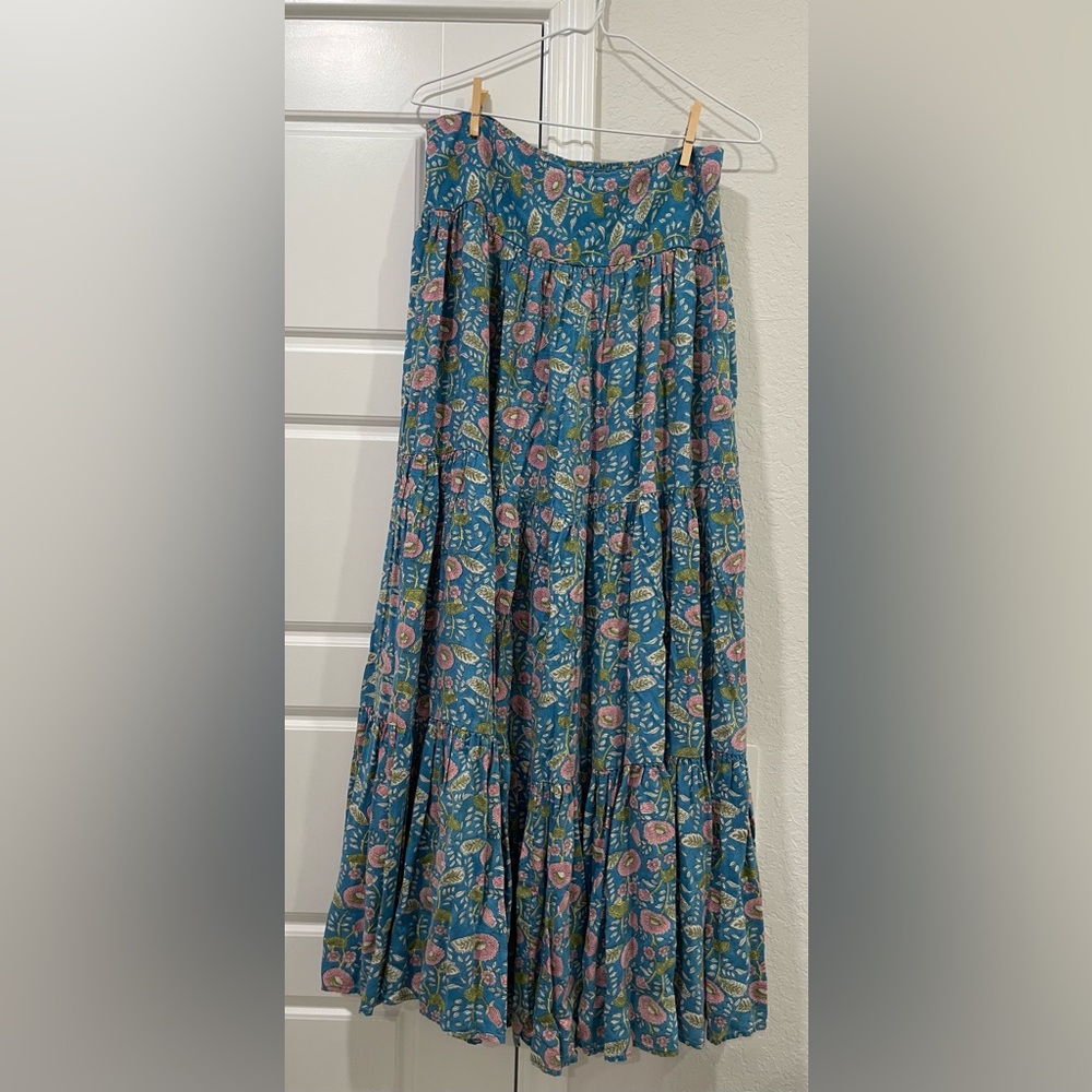 NATURAL LIFE Women’s XL Tiered Maxi Skirt Blue Pink Floral Cottagecore Prairie